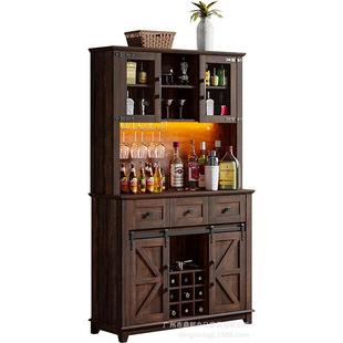 Coffee Bar Wine Cabinet with Sliding Barn Door and Led Lights Side Panel Buffet Cabinet with Wine Bottle Rack 3 Drawers