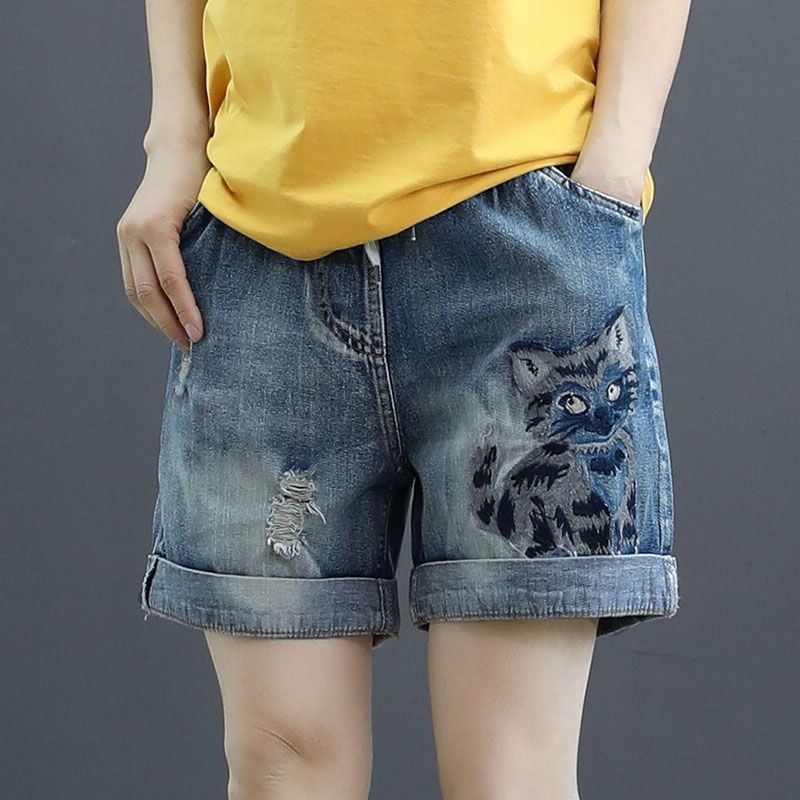 여자의 느슨한 하이 웨이스트 자수 데님 반바지 여름 하이 웨이스트 슬림 봐 얇은 캐주얼 찢어진 스트레이트 반바지