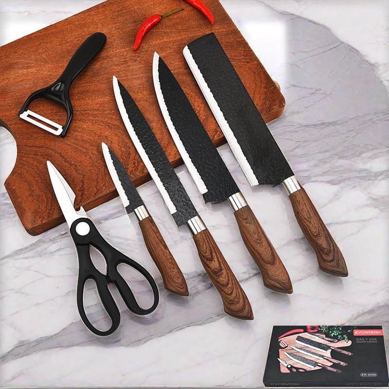 Set de cuchillos de acero inoxidable martillado — juego de 6 piezas con mango ergonómico, acabado forjado, calidad de exportación