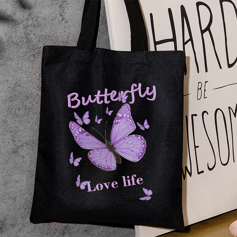 亚马逊热销紫蝶印花帆布包无底无侧购物袋单肩手提袋厂家批发