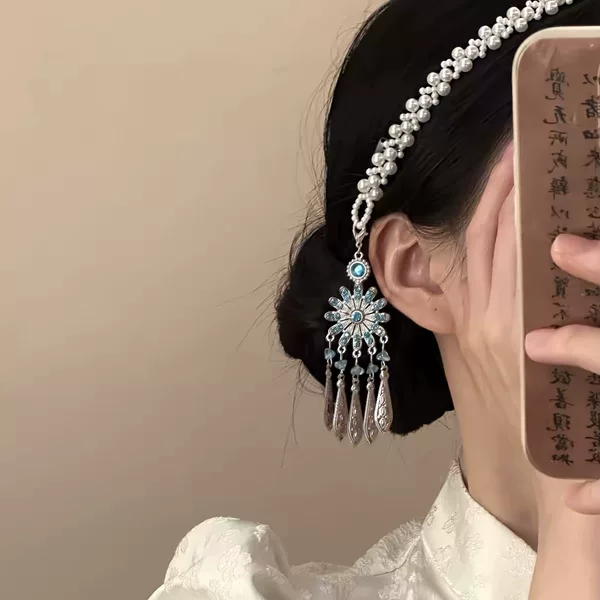 "Blue Obsidian Ancient Charm" 2026 New Ethnic Style Pearl Tassel Hair Chain, New Chinese Style Hairband, Ancient Style Hairpin, Hair Accessory