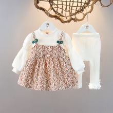 春季女童长袖碎花假背带连衣裙套装儿童时髦两件套女宝宝裙套
