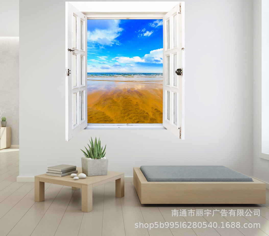 蓝天白云沙滩PVC3D仿真假窗自粘墙贴画 客厅沙发背景墙装饰风景画
