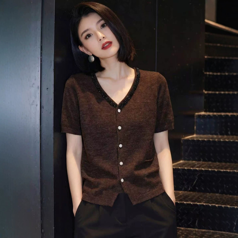 Brother's Boutique Quality Summer New Coffee-Colored Short-Sleeve Knit Top with Beading, Versatile and Slimming, Suitable for Commuting, Cardigan Style
