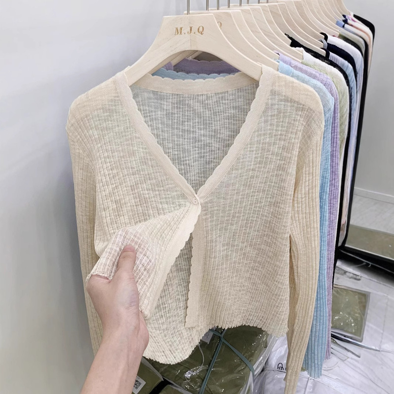 Knitted Air-conditioning Shirt Sunscreen Shirt Women's Slub Cardigan Long-sleeved Spring and Summer Thin Outer Short V-neck Shawl Top