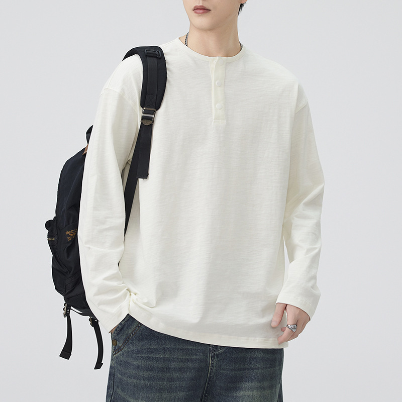 Bamboo cotton spring 2026 new long-sleeve men's t-shirt, American retro heavy-duty plus-size henley collar inner layer, trendy Bamboo cotton spring 2026 new long-sleeve men's t-shirt, American retro heavy-duty plus-size henley collar inner layer, trendy