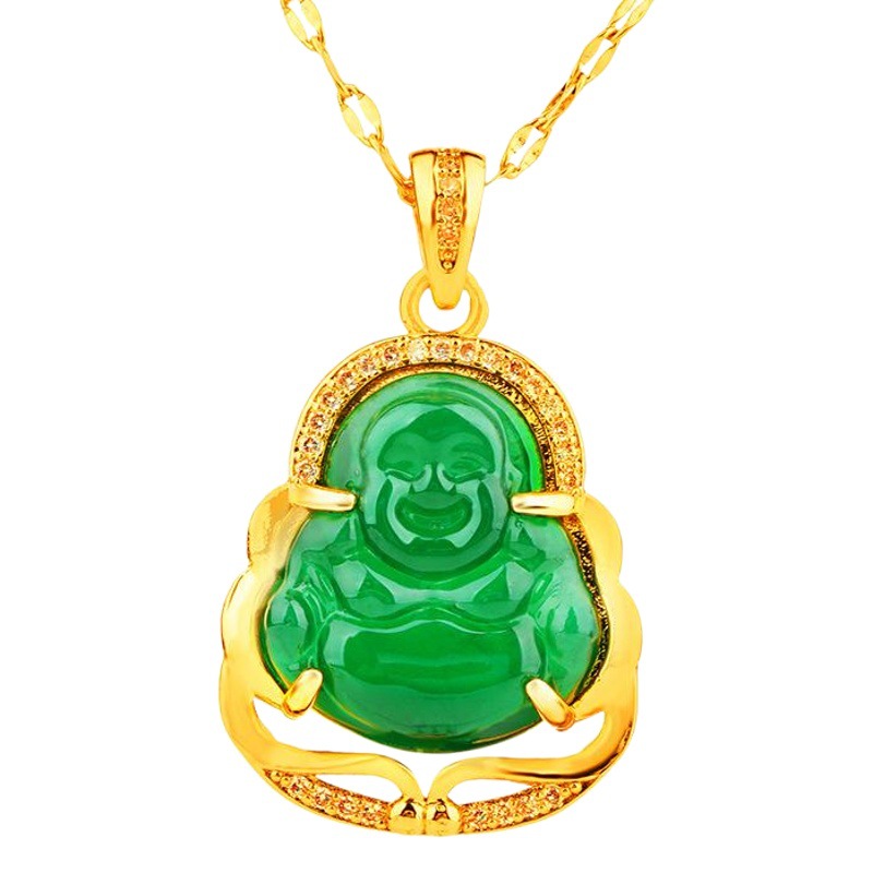 Imitación de oro con incrustaciones de color de jade esmeralda imitación calcedonia Buda colgante hembra sonriente Buda nuevo chino con incrustaciones de arena collar de oro joyería al por mayor