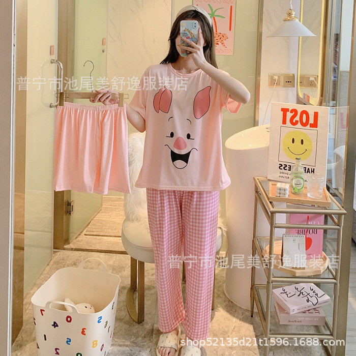 Pajamasクロスボーダー外国貿易工場卸売パジャマ女性半袖ショートパンツ長ズボン三点セット漫画ホームスーツ|undefined