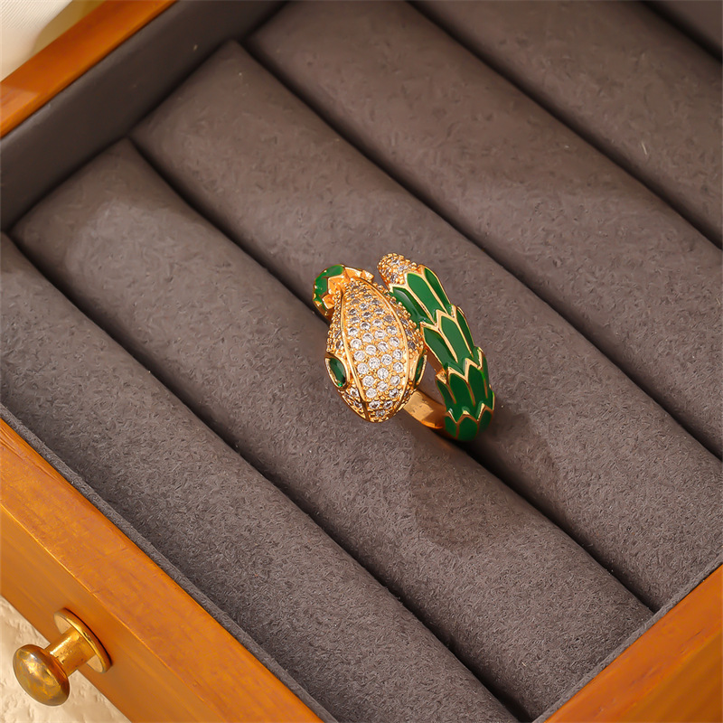 Parure de bijoux serpentine pleine de diamants, bague bracelet en zircon, personnalité de luxe légère, tête de léopard de l'industrie lourde_voghion.com