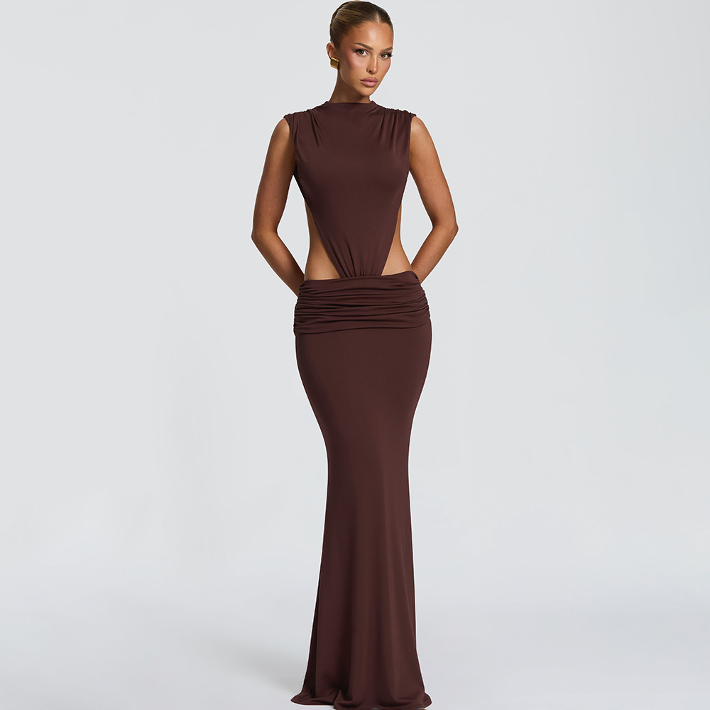 Cross-Border 2026 Summer New European and American Women's Fashion Solid Color Sexy Waist-Revealing Slim-Fit Backless Bodycon Dress