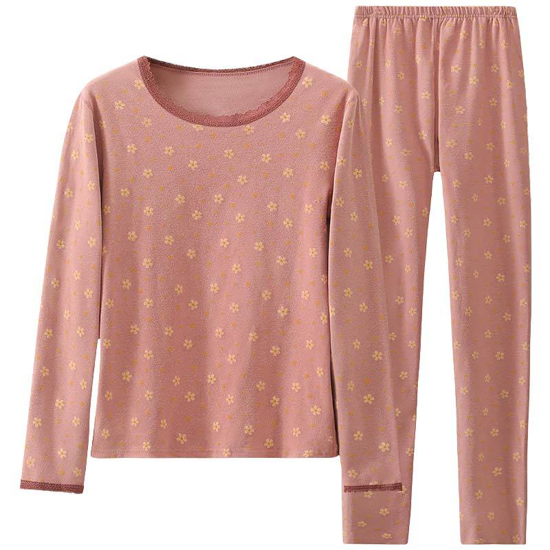 Traje de ropa interior térmica de la madre de doble cara de las mujeres cepillado calefacción forrada de lana engrosada ropa de Otoño de mediana edad y ancianos pantalones largos traje de mujer