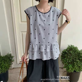温柔风刺绣格子小衫女复古韩系宽松百搭荷叶摆圆领无袖衬衫OT281