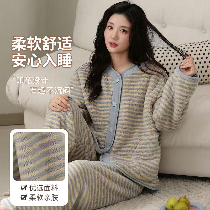 Women's coral fleece pajamas, thickened for winter, cute flannel loungewear, fashionable and loose-fitting long-sleeved cardigan set Women's coral fleece pajamas, thickened for winter, cute flannel loungewear, fashionable and loose-fitting long-sleeved cardigan set