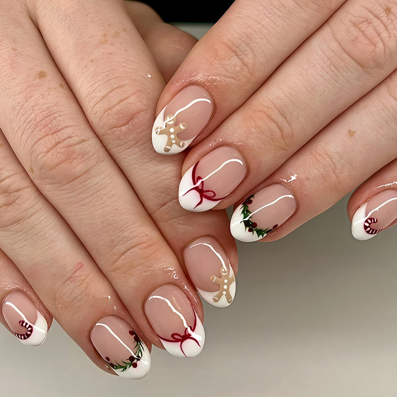 Cross-border Christmas press-on nails with gingerbread man, bow, holly fruit, candy cane, and white French-style false nails