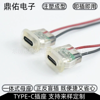 透明带指示灯一体式TYPE-C母座 卡式带线10CM C口电源设备充电口