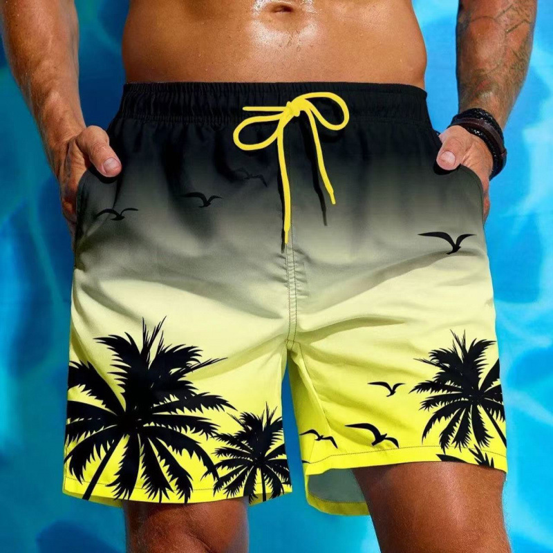 Vintage Plant Pattern Beach Shorts for Men, Coconut Tree 3D Printed Swim Trunks, Summer Hawaiian Shorts, Loose Fit