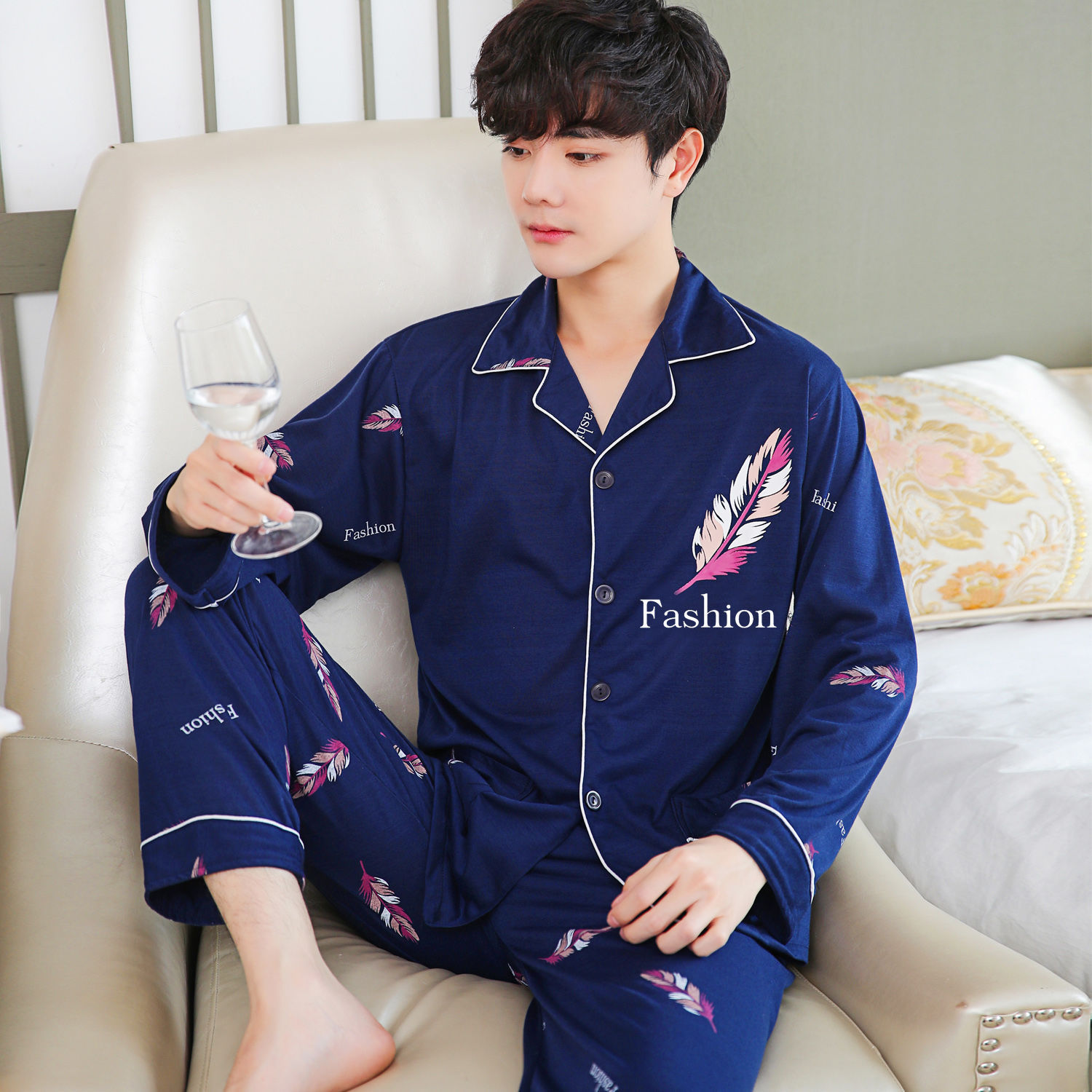 Pijamas de hombre Pijamas de primavera y otoño pantalones de algodón de manga larga de los hombres cardigan verde de mediana edad ropa de hogar traje de invierno para los ancianos