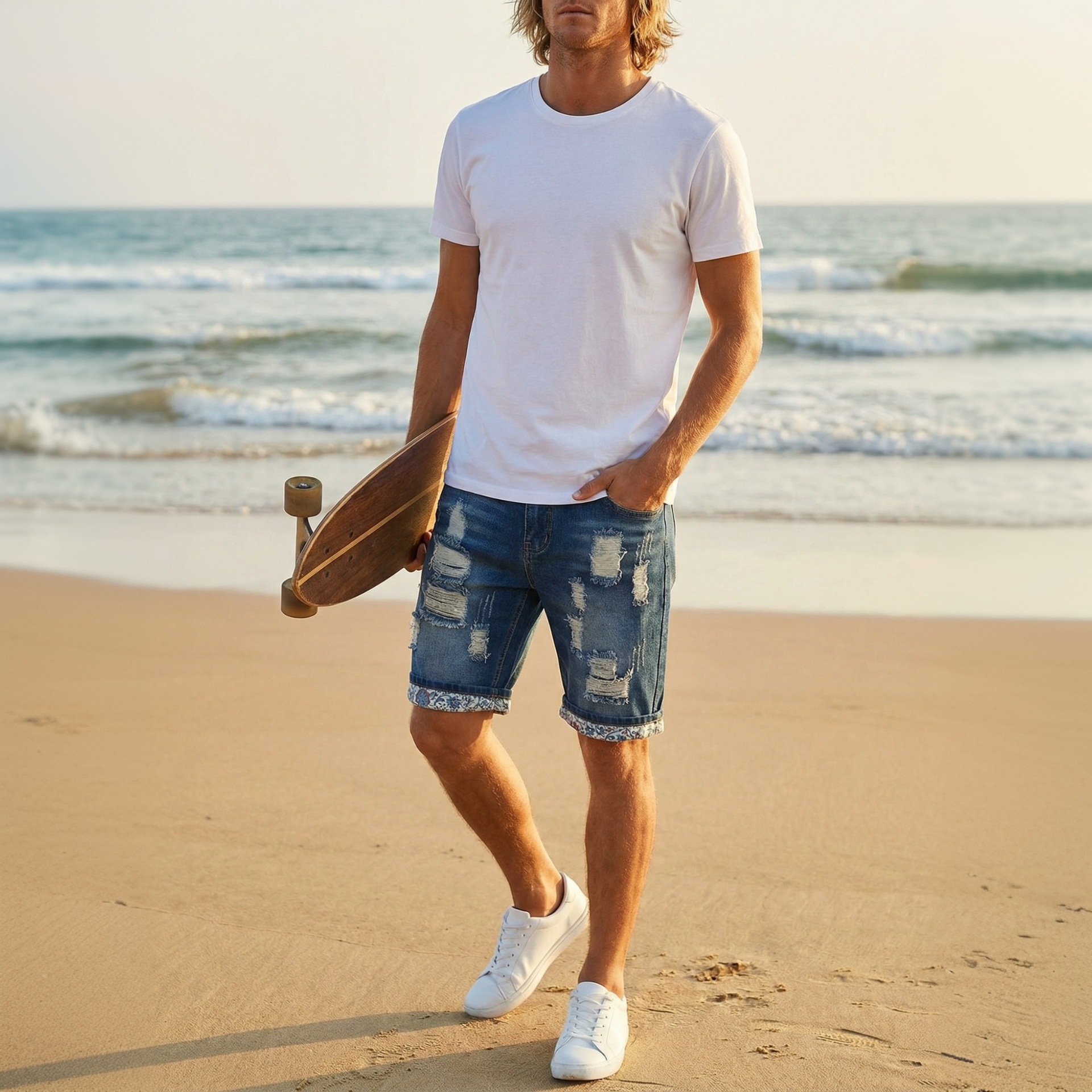 Men's Trendy Ripped Patched Denim Shorts Mid-Length Street Style Summer Riding Breeches Trade Hot Selling_mkmklike.com
