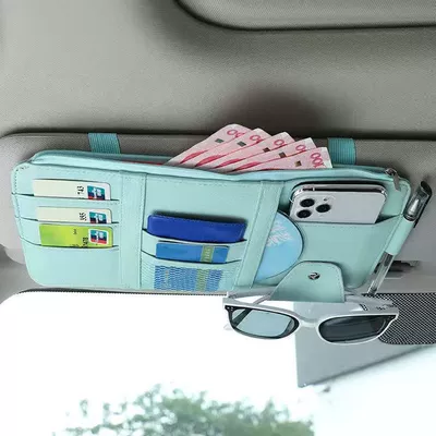 Sun Visor Storage Bag, Multifunctional, Car Glasses Clip/Bill Clip - sunshade-cd-clip-blue-zipper