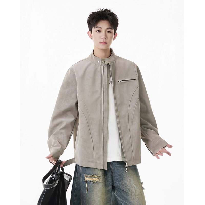 American-Style Harrington Leather Jacket for Men, Trendy Brand, Autumn High-Street Design, Cool Stand-Up Collar Motorcycle Baseball Jacket