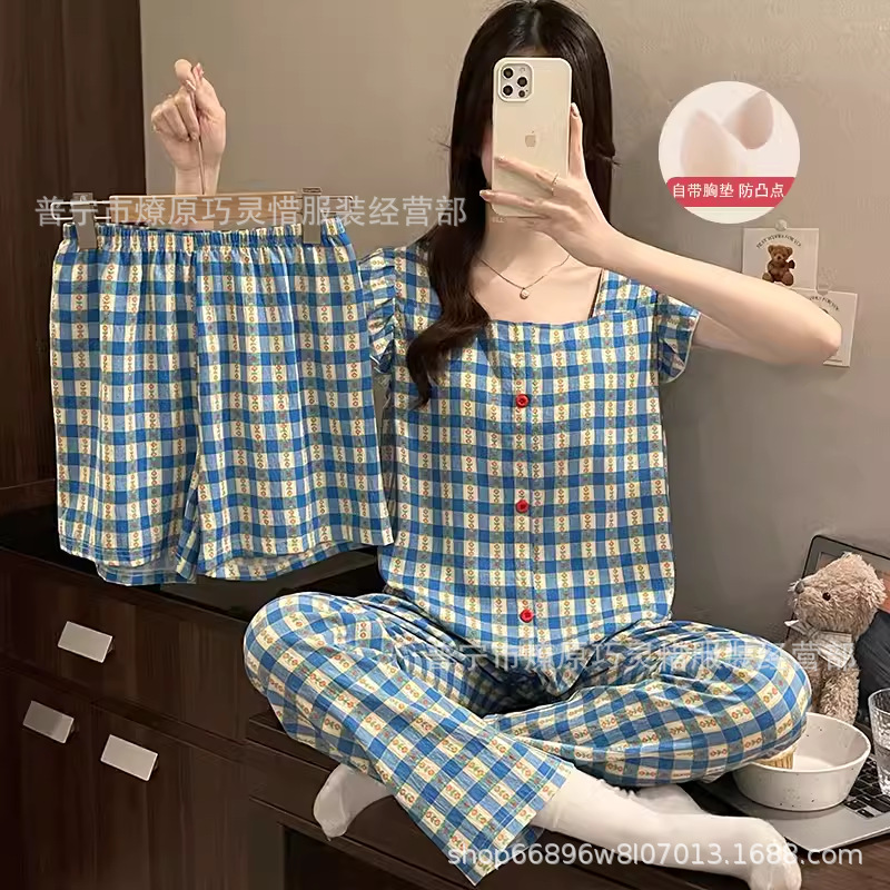 Red famosa nuevo pijama de mujer nubes de verano algodón pantalones cortos de manga corta pantalones largos de tres piezas de dibujos animados set de ropa para el hogar