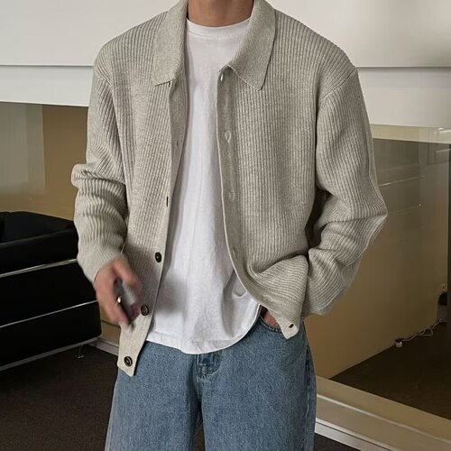 Korean lapel single-breasted sweater for autumn and winter new simple casual loose cardigan sweater outer for boys