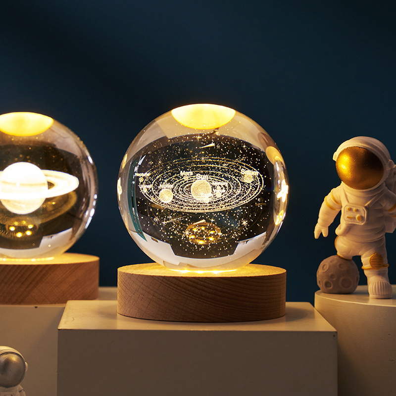 木質発光台座3d内彫刻水晶玉銀河太陽系創意デスクトップ小夜灯置物祝日プレゼント|undefined