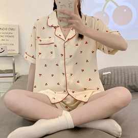 女士家居服夏季短袖优质泡泡棉数码印花翻领开衫扣子2件套睡衣女