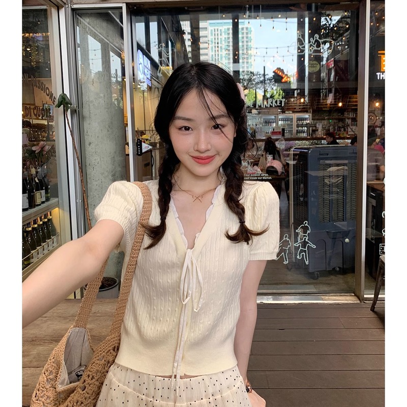 甘いスタイルのレースアップ薄手半袖アイスシルクニットセーターTシャツレディース新デザイントップカーディガンジャケット|undefined