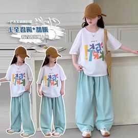 多巴胺山本裤慵懒风套装夏季女童T恤套装休闲遛弯裤清凉宽松阔腿