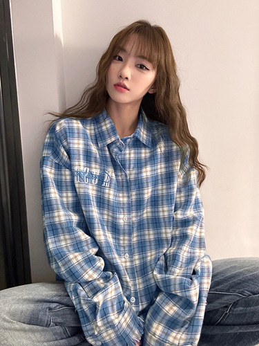 American streetwear brand embroidered grid long-sleeved women's spring fringe design couple high street shirt jacket q