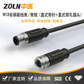 信号传输M12非屏蔽连接器直式航空插头传感器防水公母对接电源线