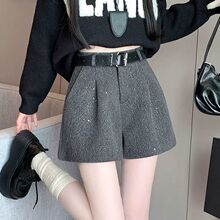 小香风闪闪重工亮片毛呢短裤女秋冬新款高腰显瘦a字阔腿灰色靴裤