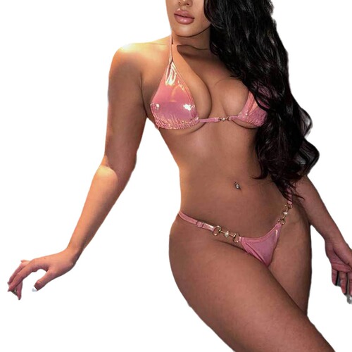 European and American swimsuit split swimsuit pink bronzing halter neck strap sexy backless swimsuit bikini bikini