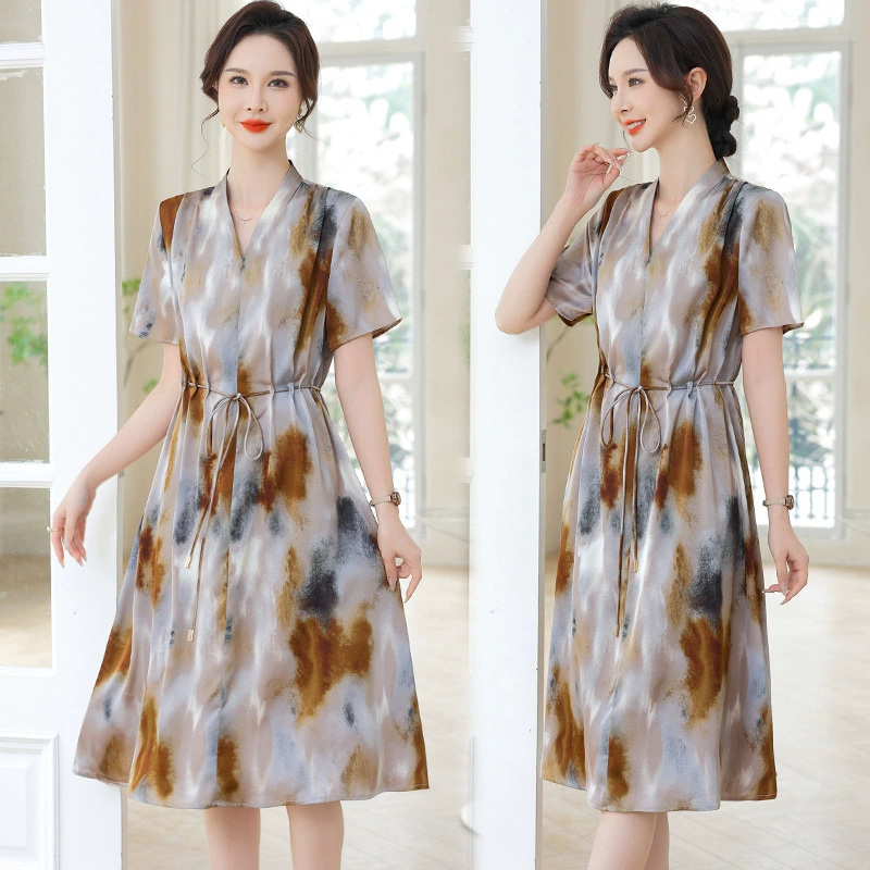 Летнее тонкое платье для мамы с благородным элегантным новым летом 2025 года для женщин среднего и пожилого возраста, шифоновая юбка с короткими рукавами