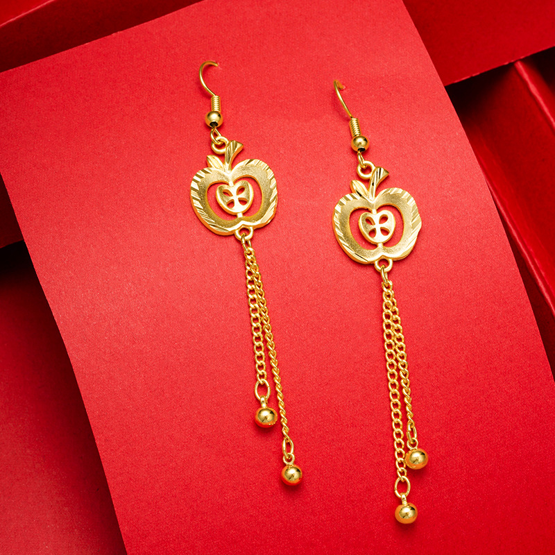 Pendientes de borla larga de Apple de oro pendientes elegantes de estilo étnico de las mujeres no se desvanecen personalidad de la moda nacional luz joyería de lujo
