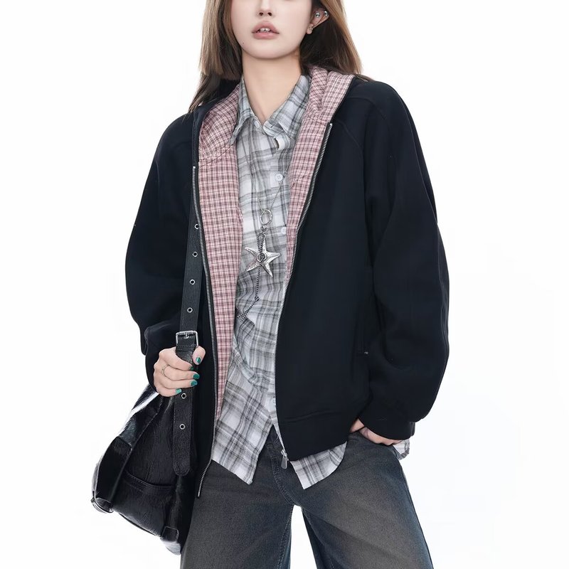 连帽开衫宽松卫衣简约韩系格子撞色宽松百搭情侣男女同款秋外套潮|undefined