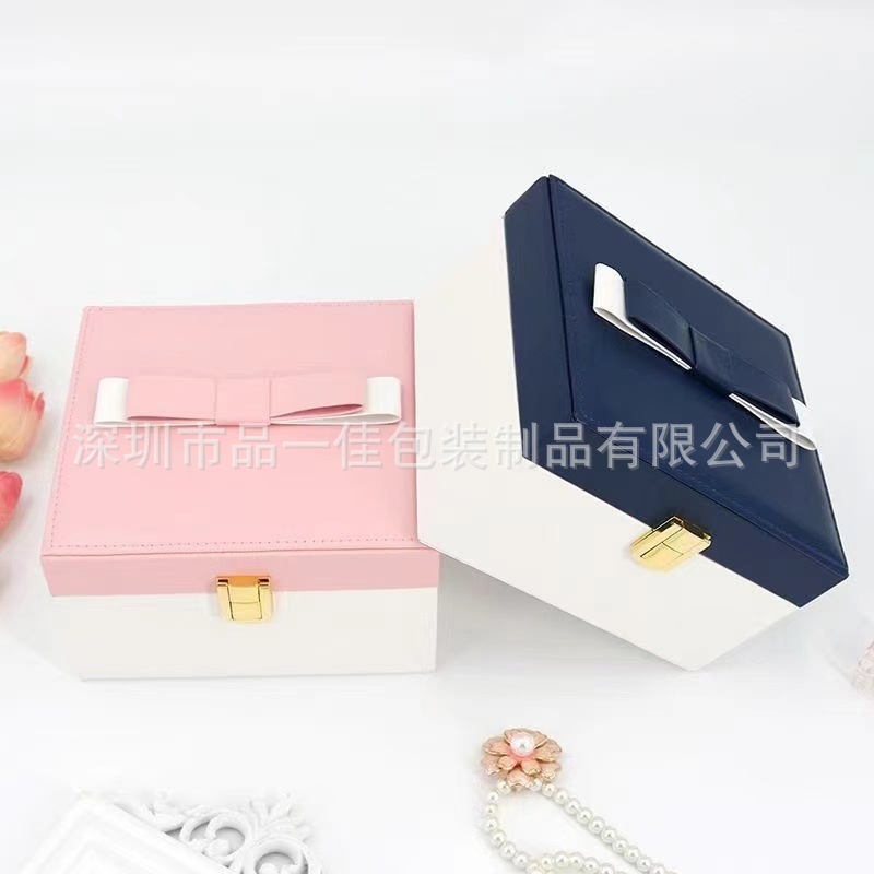厂家撞色PU皮革蝴蝶结珠宝首饰箱手镯耳钉耳环饰品收纳盒批发