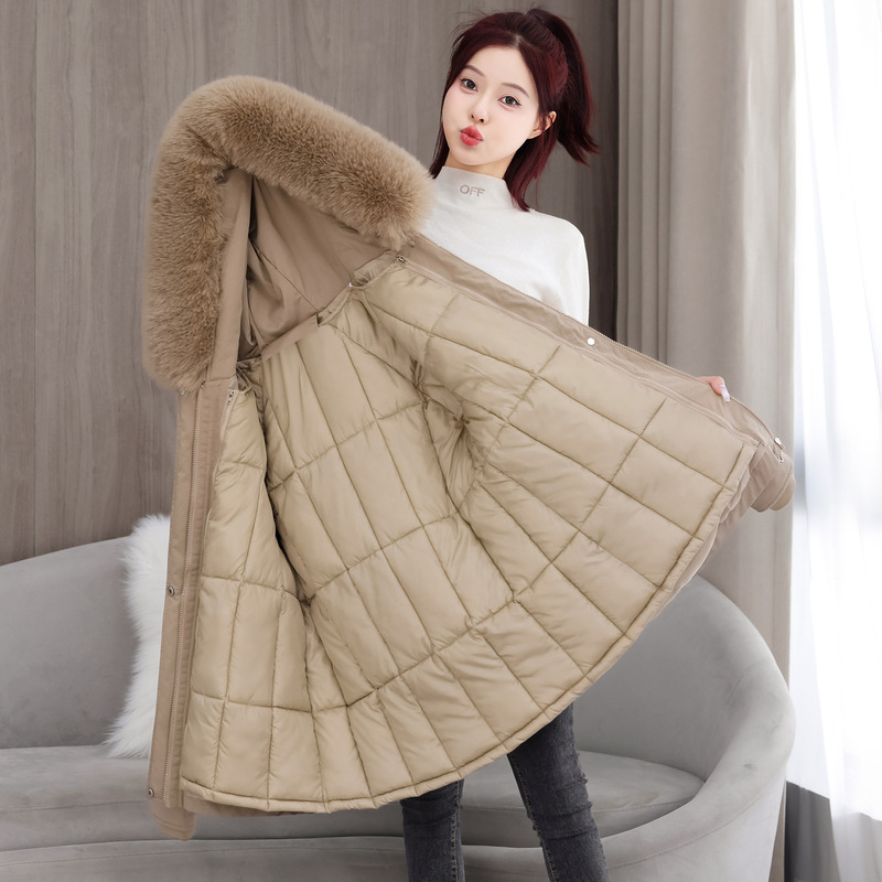 Winter New Thickened Parka for Women, Mid-Length, Waist-Cinching, Slimming, Hooded, with Detachable Large Fur Collar, Warm Cotton Jacket