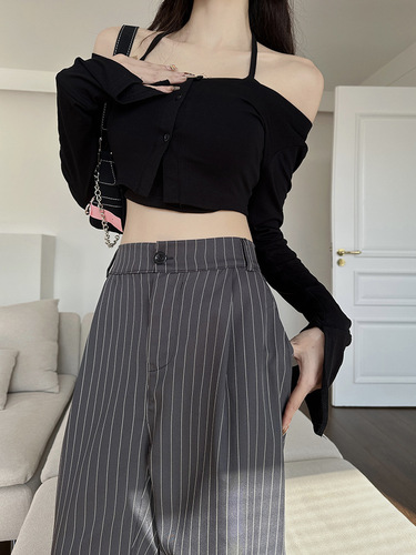 【Spring Striped Suit Pants Straight Leg Loose New High-Waisted Wide Leg Pants】