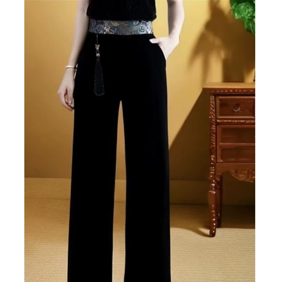 2025 новый стиль иностранные золотые бархатные брюки плюс большой размер сшитая одежда широкие брюки с высокой талией черные