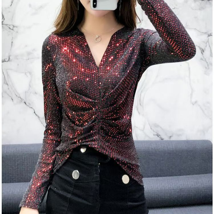 European Collection 2026 Fall/Winter New Base Shirt with Glittering Sequins, Stylish Versatile Irregular Top for Women European Collection 2026 Fall/Winter New Base Shirt with Glittering Sequins, Stylish Versatile Irregular Top for Women