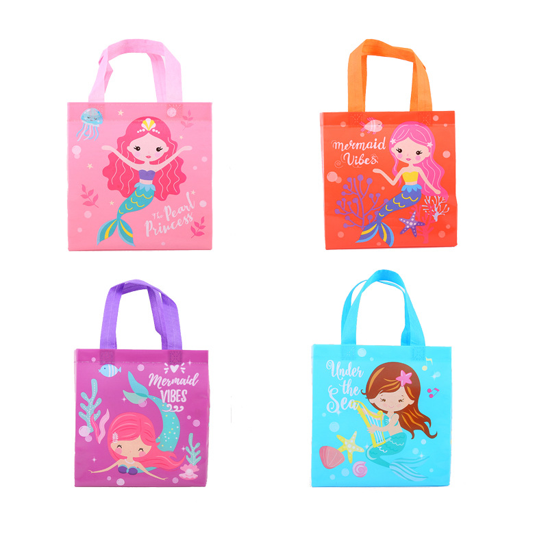 Shopee Cartoon Mermaid Non-Woven Student Book Storage Bag Cute Print Children's Stationery Portable Tote Bag