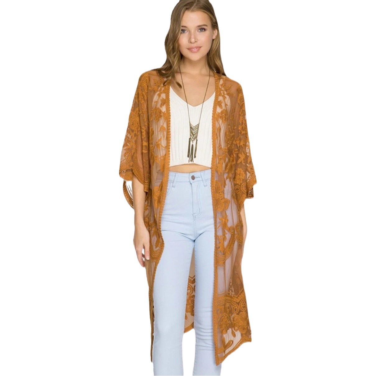 Summer New Women's Loose Embroidered Lace Cropped Wide Sleeve Sunscreen Mid-length See-through Cardigan Jacket