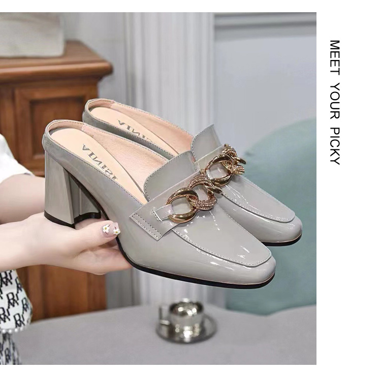 Dép sục bít mũi da thật nữ gót thô 4 cm kiểu lười không gót sau — Gót đen cao 4 cm chi tiết 15