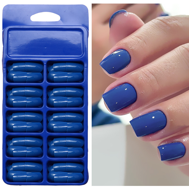 120 piezas de uñas falsas de color sólido desnudas cuadradas cortas desmontables de uñas en una caja azul