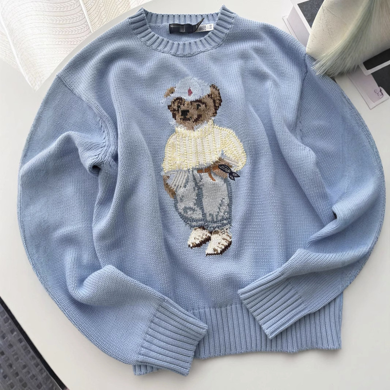 Rl/Can Code 25 Years Old Bear Autumn and Winter New Pure Cotton Heavy Embroider Cartoon Round Neck Knitted Sweater for Women Casual