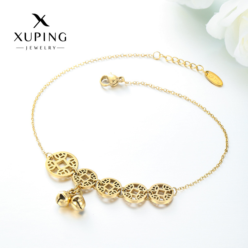 Xuping acero inoxidable chapado 14k color simple retro nicho sentido de diseño de monedas de bronce campanas de moda personalidad pulsera de tobillas mujeres