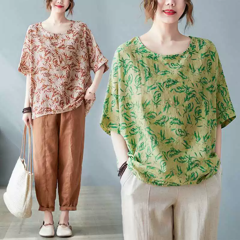 Футболка из хлопка и льна oversize, плюс размер, круглой горловины