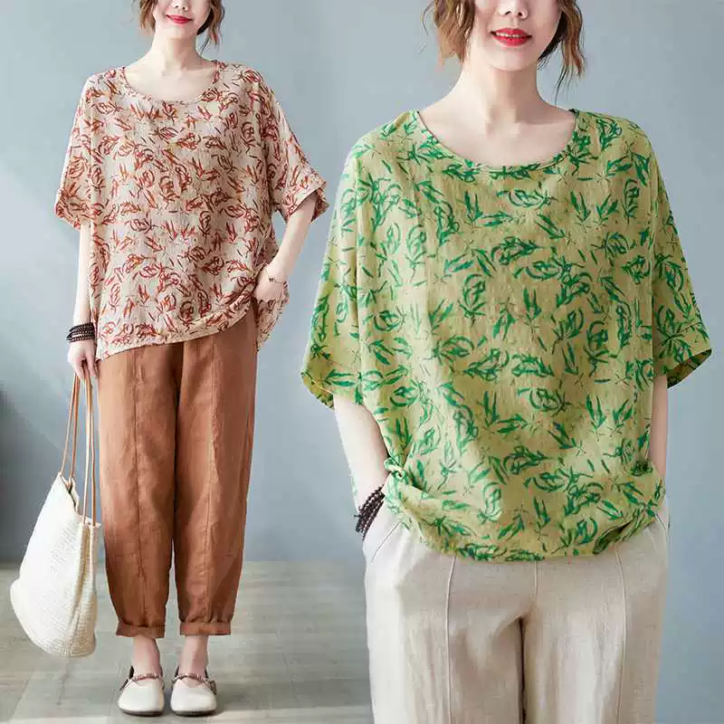Футболка из хлопка и льна oversize, плюс размер, круглой горловины